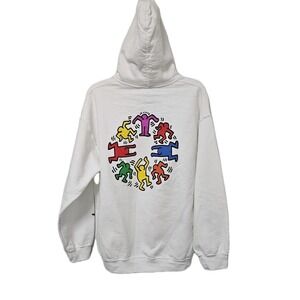 Keith Haring Hoodie Mens Large White Dancing Figures Graphic Pop Art Pullover